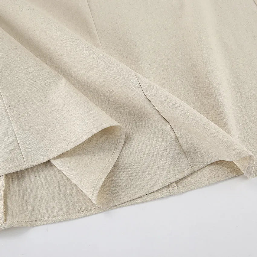 French Style Khaki Cotton Linen Tube Top Vacation Style High Waist Dress - Bellarte Enchanté French Style Khaki Cotton Linen Tube Top Vacation Style High Waist Dress